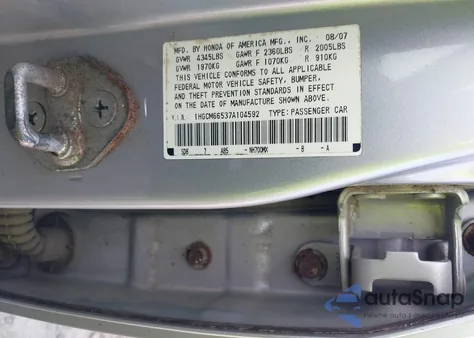 2007 Honda Accord 3.0 Ex z USA, uszkodzony, nr VIN 1HGCM66537A104592